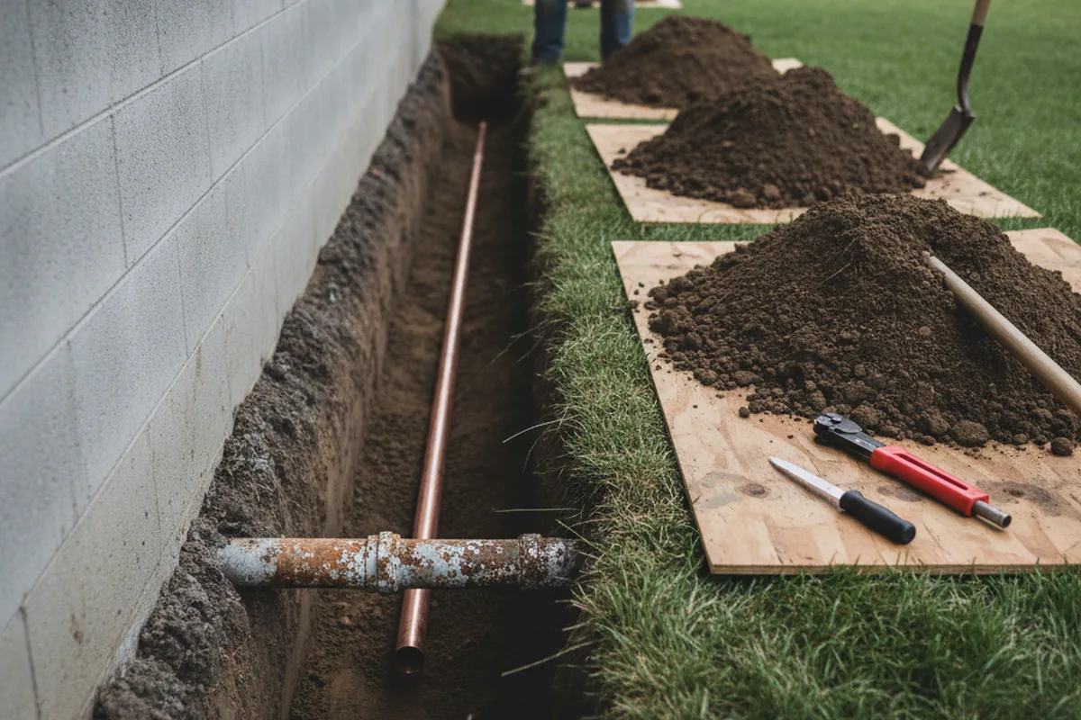 Excavated water line trench during Sewer Line Repair in Corinne